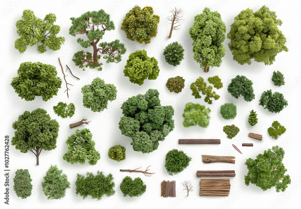 Poster isolated white background with 2d plan view of bushes, useful in graphic design for visualization.