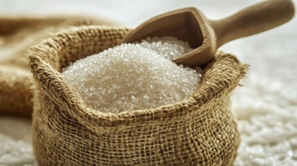 A burlap sack filled with granulated sugar and a wooden scoop resting on top.