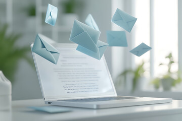 3d render of laptop with flying envelope and letters. Communication concept