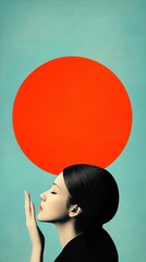 Sophisticated asiatic woman with dark hair pulled back is posing with her hand near her face, with a large red circle on a teal background; minimalist vertical poster 