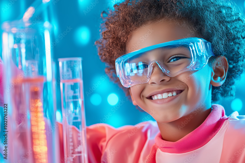 Poster young scientist smiles while conducting colorful experiments in a bright lab setting