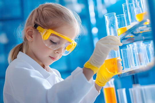 A young girl conducting an experiment in a laboratory with colorful liquids during the day
