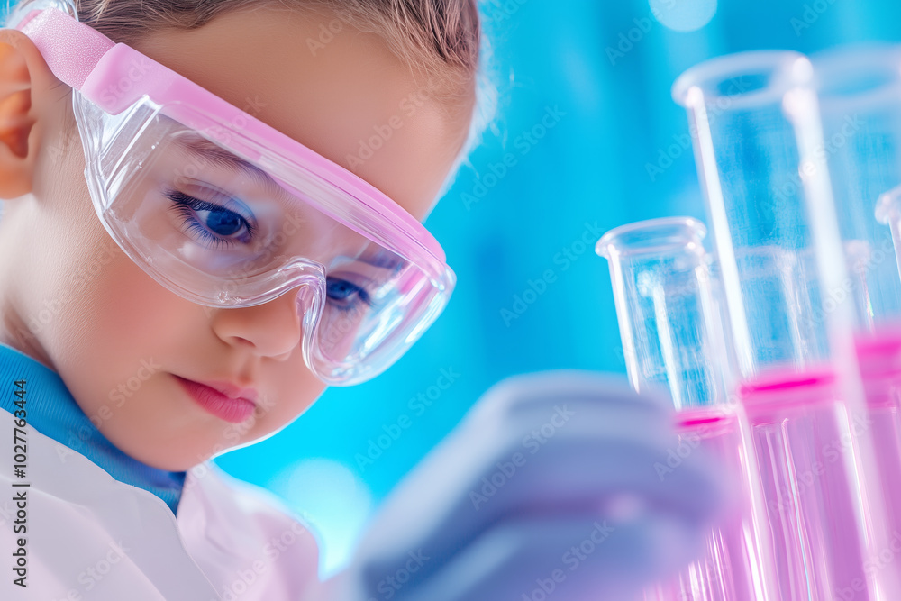 Poster young scientist conducting experiments with colorful liquids in a lab setting