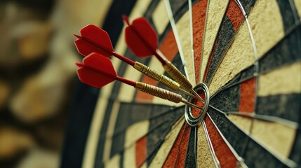 Detailed close-up of a dartboard showing multiple darts in the target center, representing business success