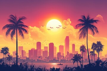 Vibrant sunset over a city skyline, silhouetted palm trees and colorful clouds creating a serene tropical scene.