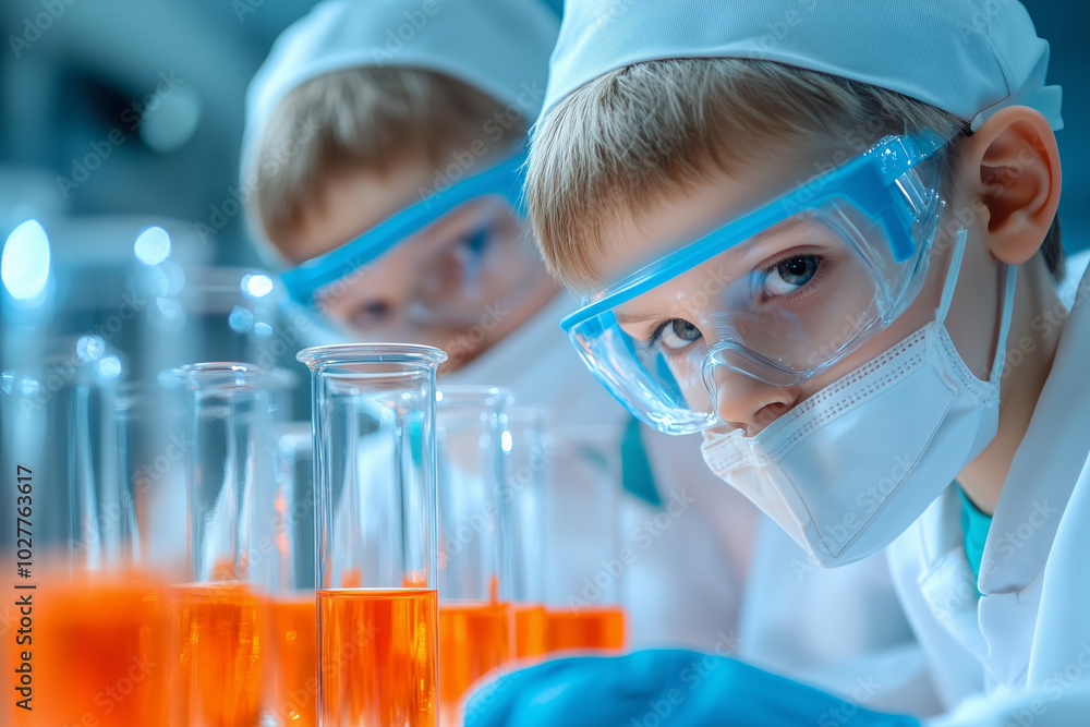 Poster young scientists conducting experiments with colorful liquids in a laboratory setting