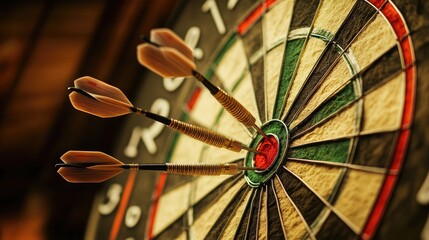 Detailed close-up of a dartboard with darts hitting various spots, illustrating focus on business goals