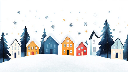 A charming winter village scene featuring colorful houses with snow-covered roofs, set against a backdrop of evergreen trees and falling snow. Perfect for holiday cards, winter pro