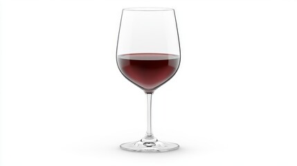 A clear wine glass filled with red wine, elegantly presented against a white background.