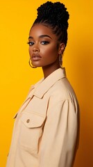 Obraz premium Captivating studio portrait of a stylish black young woman with braided hair in a bun, exuding confidence against a vibrant yellow background