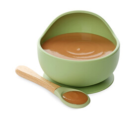 Delicious baby food in bowl and spoon isolated on white