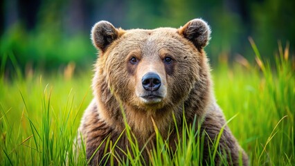 Obraz premium A close up shot of a majestic grizzly bear in a lush grassy meadow of Montana USA with a wide angle lens, American West, North America, scenic, biodiversity, wildlife photography