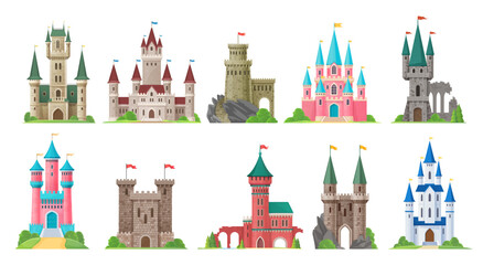 Cartoon kingdom palace castle, fairytale fortress vector buildings with flags, towers and color stone walls. Fantasy houses set of fairy tale princess palace, royal castle and medieval king fortress © Vector Tradition