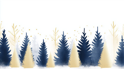 A serene winter forest scene featuring golden and dark blue trees against a white background. The trees have a soft, almost glittery texture, creating a peaceful yet festive mood p