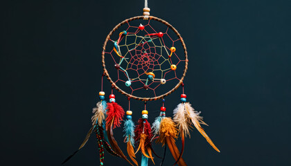 Dreamcatcher with feathers and beads hanging from it. The feathers are brown and the beads are blue