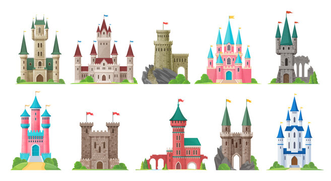 Cartoon kingdom palace castle, fairytale fortress vector buildings with flags, towers and color stone walls. Fantasy houses set of fairy tale princess palace, royal castle and medieval king fortress