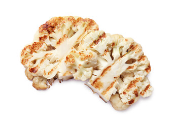 Delicious grilled cauliflower steaks isolated on white, top view