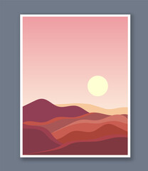 Nature landscape background. Mountains and cliffs under sun. Beautiful natural panorama with cliffs. Social media covers. Flat vector illustration