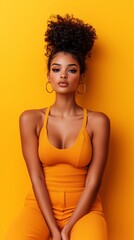 Stylish african brazilian woman with fabulous afro hairstyle poses in colorful studio with yellow backdrop, showcasing trendy fashion and flawless makeup; poster with model for cosmetics and skincare