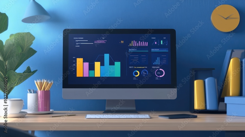 Poster digital workspace with a business target dashboard displaying clear performance metrics
