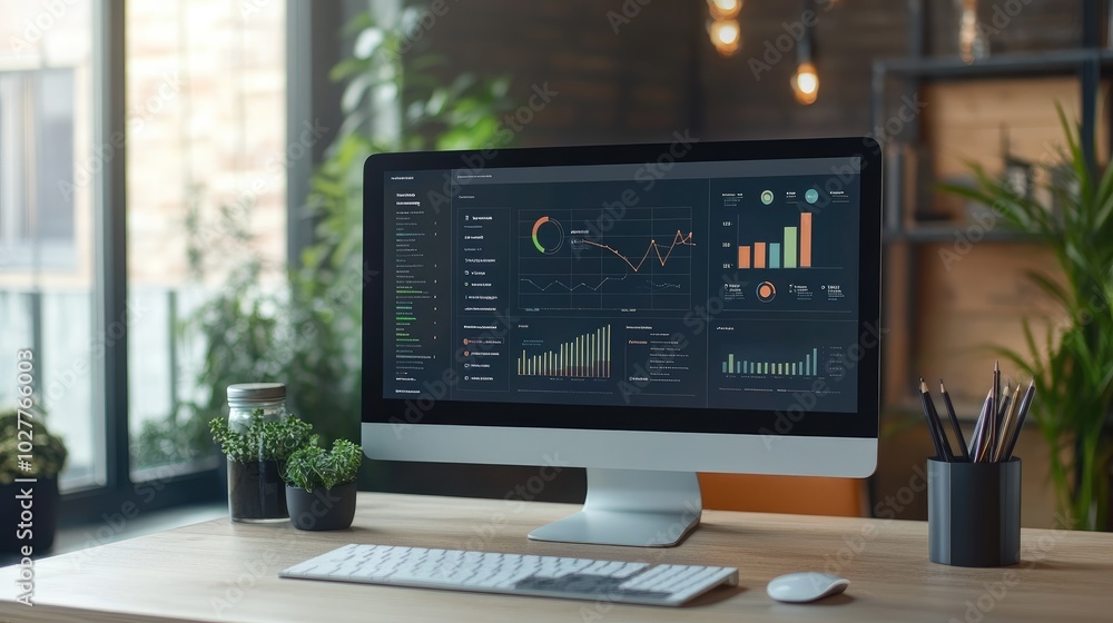 Poster digital workspace with a business target dashboard displaying clear performance metrics
