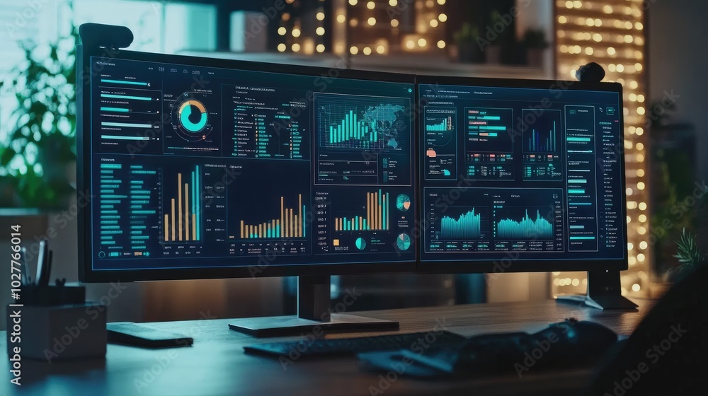 Poster digital workspace with a business target dashboard displaying clear performance metrics