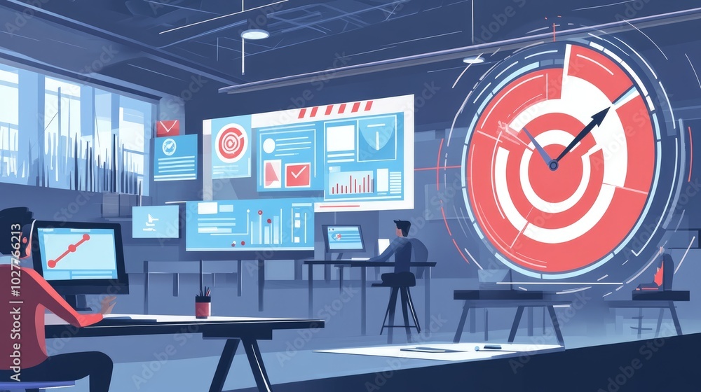 Poster digital workspace with a business target graphic and clear performance indicators, representing achi