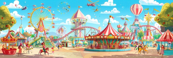 Obraz premium Families and friends delight in thrilling rides, laughter, and colorful attractions at a lively amusement park on a bright afternoon. Generative AI
