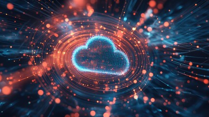 Obraz premium Dynamic tech graphic featuring a cloud logo at the core of a complex digital network, symbolizing innovation and connectivity