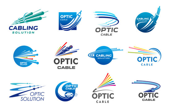 Fiber optic cable icons, internet network and telecommunication technology. Vector broadband fibre optical cable or multi fiber wire for high speed data connection symbols, computer electronics themes