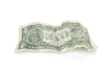One crumpled dollar banknote isolated on white