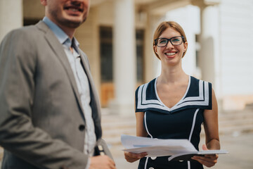 Confident business professionals in a friendly outdoor meeting, displaying teamwork and cooperation. The setting is in front of a classical building, highlighting success and positivity.