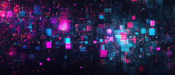 Fototapeta premium A dynamic and colorful digital art piece with vibrant, glowing squares and rectangles in shades of blue, pink, and purple on a dark background.