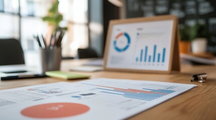 Modern desk with a detailed target board and performance metrics, representing business progress and success