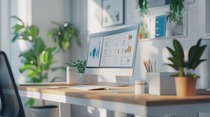 Fototapeta premium Modern desk with a detailed target board and performance metrics, representing business progress and success