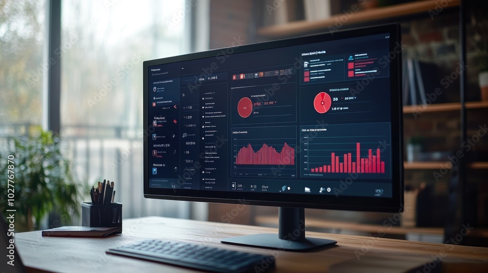 Poster professional setting with a target-focused dashboard on a digital display, showcasing progress and a