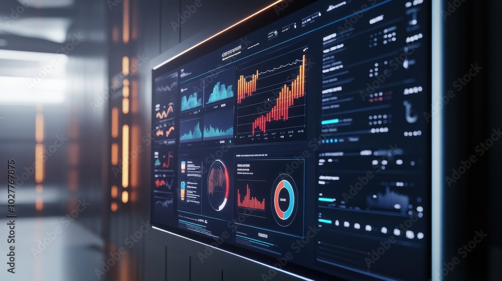 Poster professional setting with a target-focused dashboard on a digital display, showcasing progress and a