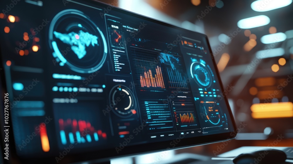 Poster professional setting with a target-focused dashboard on a digital display, showcasing progress and a