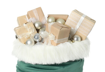Santa Claus bag with gift boxes and Christmas balls isolated on white