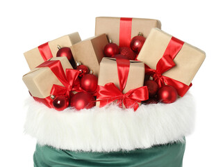 Santa Claus bag with gift boxes and Christmas balls isolated on white