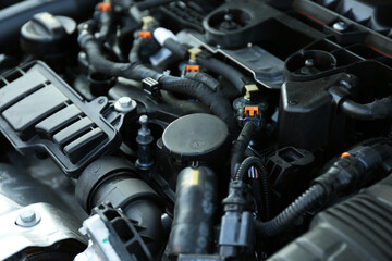 Closeup view of car engine in modern auto