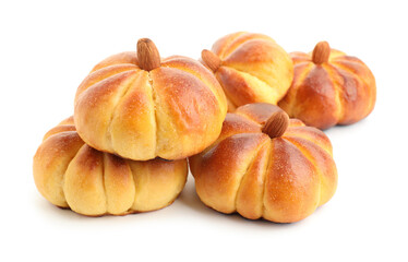 Tasty pumpkin shaped buns isolated on white