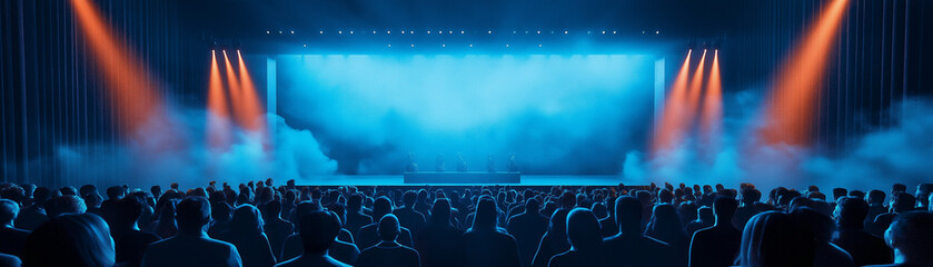 Grand launch event for a new business in 2025, complete with a stage, audience, and product showcases