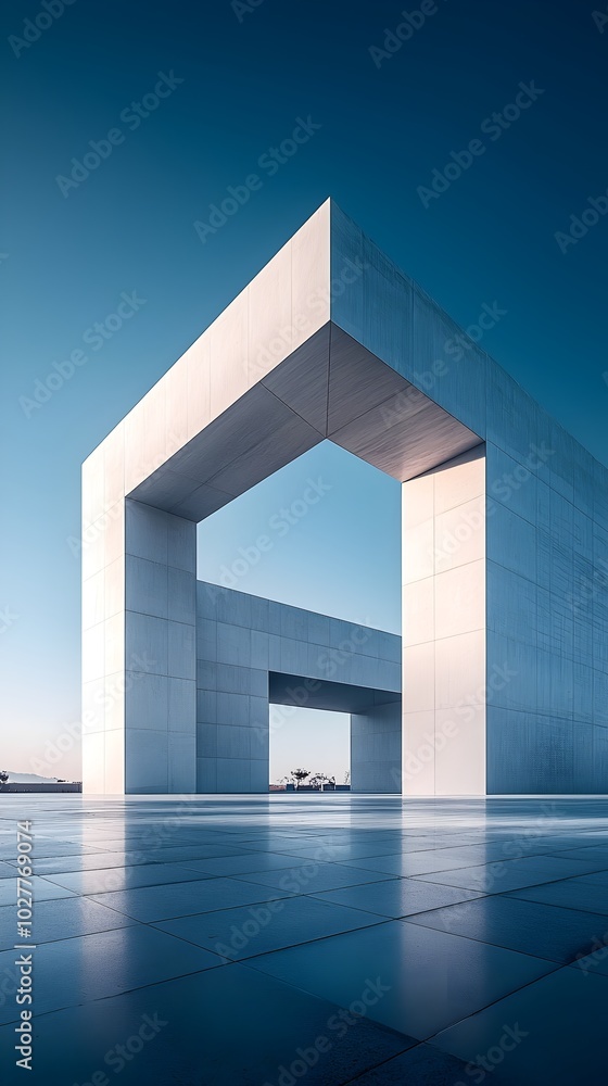 Poster minimalist concrete structure with a large open archway against a clear blue sky.