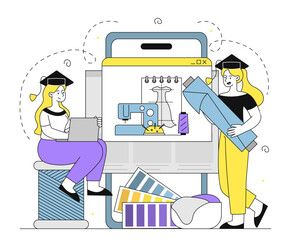 Online fashion designer courses. Women wearing graduate caps watch training videos. Clothing production process. Fashion, trend and style. Distance learning and training. Linear vector illustration
