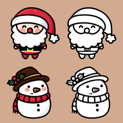 Christmas Santa  and snowman cartoon drawing vector