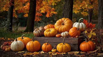 Autumn still life with pumpkins and fall leaves on wooden background