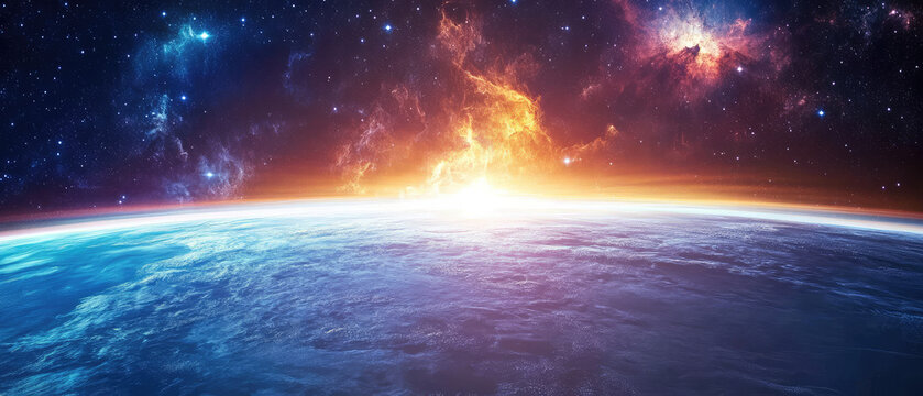 The image captures a planetary horizon as the fiery colors of dawn break over the cosmos, highlighting the power and rebirth in the vast universe's cycle.