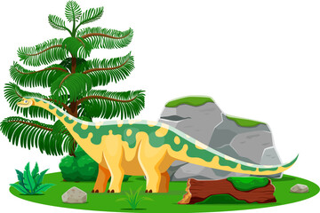 Cute opisthocoelicaudia prehistoric dinosaur character. Jurassic dino animal vector personage, funny prehistoric reptile, mountain stone and forest tree. Extinct sauropod dinosaur of Cretaceous period © Vector Tradition