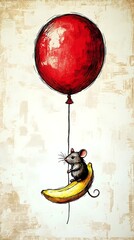 Obraz premium A cute little mouse rides a banana on a red balloon. What a creative and fun way to travel!